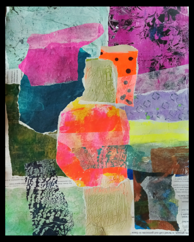 Abstract composition featuring vibrant colors and geometric shapes.