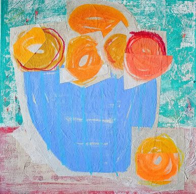 oranges in blue bowl